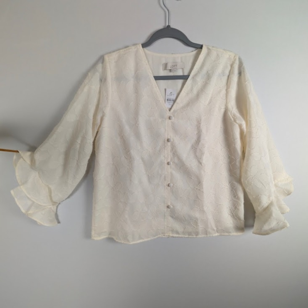 LOFT Fil Coupe Ruffle Sleeve Blouse‎ Womens XXS Off-White NWT